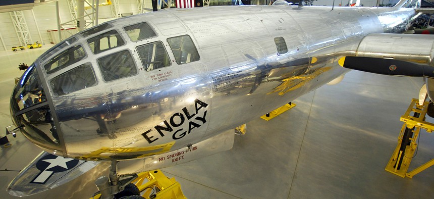 The Enola Gay, the Boeing B-29 Superfortress that dropped the atomic bomb on Japan in World War II, in the Smithsonian National Air and Space Museums Steven F. Udvar-Hazy Center