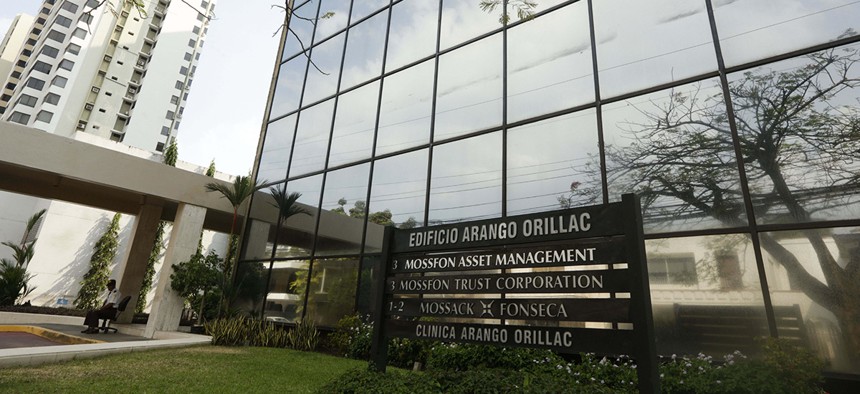 A marquee of the Arango Orillac Building lists the Mossack Fonseca law firm in Panama City, Sunday, April 3, 2016.