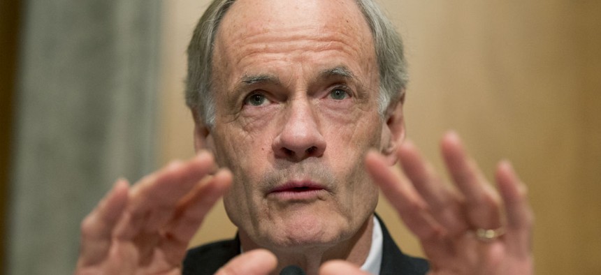 Senate Homeland Security and Government Affairs Committee ranking member Sen. Thomas Carper, D-Del., questions Beth Cobert, President Barack Obama's nominee to head the Office of Personnel Management (OPM), on Capitol Hill in Washington, Thursday, Feb. 4,