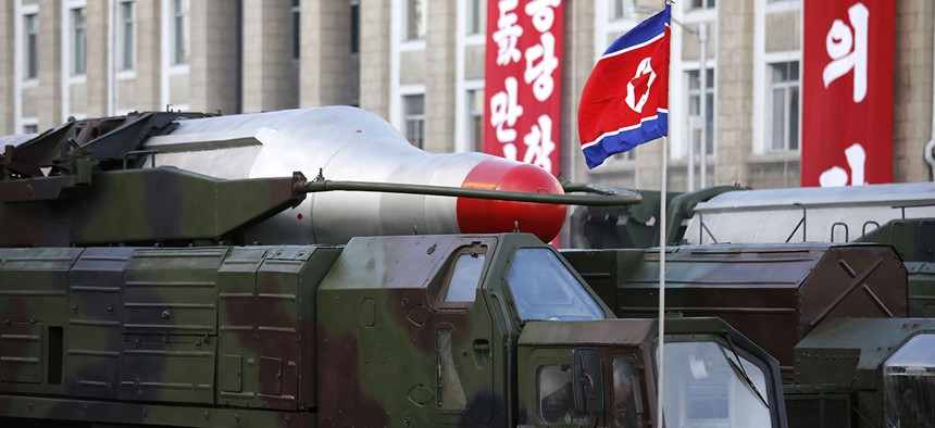 Medium range Nodong ballistic missiles are paraded in Pyongyang, North Korea during the 70th anniversary celebrations of its ruling party's creation.