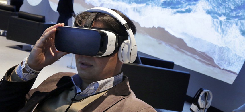 A user tests a Samsung Gear VR oculus. 