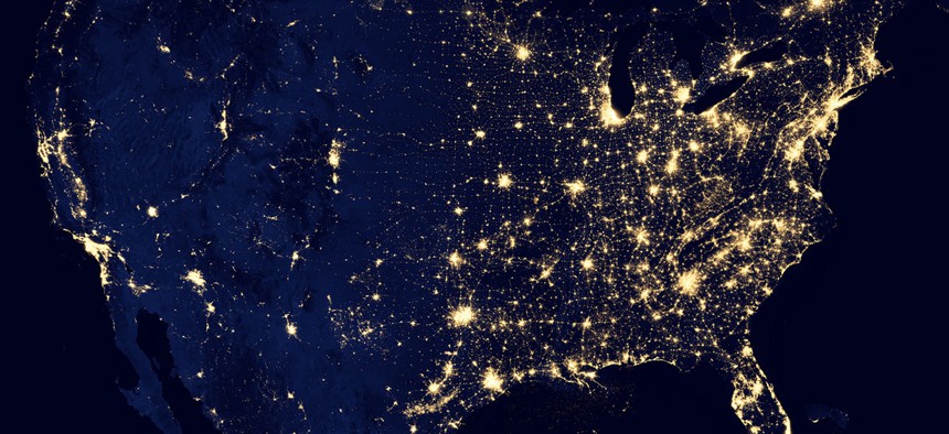 A satellite image of the United States taken with NASA satellites and NOAA's Joint Polar Satellite System.
