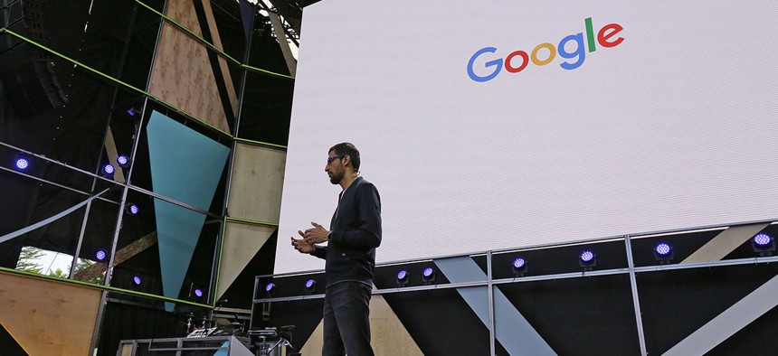 Google CEO Sundar Pichai delivers the keynote address of the Google I/O conference, Wednesday, May 18, 2016, in Mountain View, Calif. 