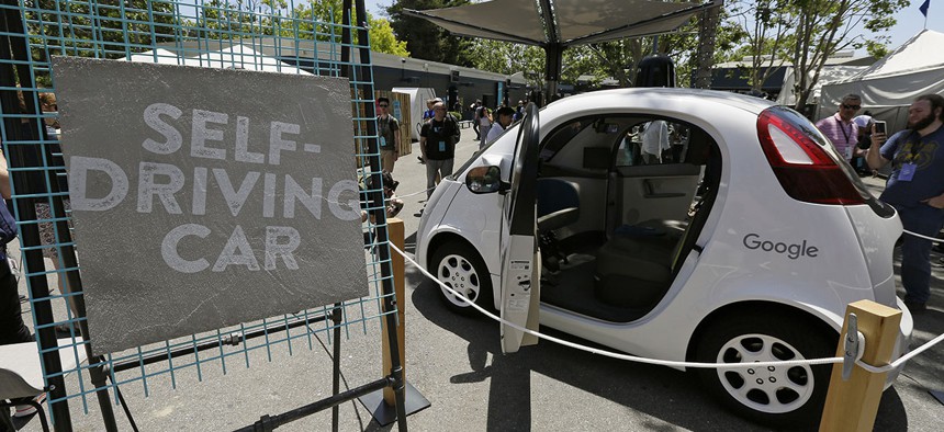 A Google self-driving car is seen on display Wednesday, May 18, 2016, at Google's I/O conference in Mountain View, Calif.