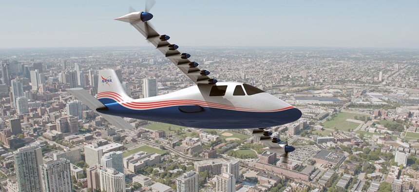 This artist's concept of NASA's X-57 Maxwell aircraft shows the plane's specially designed wing and 14 electric motors. 