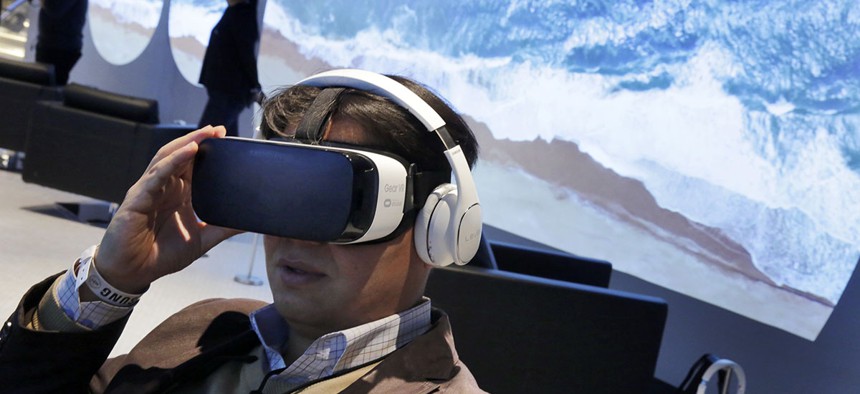a Samsung Gear VR oculus is demonstrated during a preview of Samsung's flagship store in New York City.
