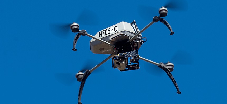 A drone operated by the Alameda County Sheriff's Office flies during a demonstration of a search and rescue operation on Friday, Aug. 14, 2015, in Dublin, Calif.