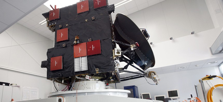 A model of the Rosetta comet spacecraft is pictured at the Space Operations Centre of the European Space Agency in Darmstadt, Germany