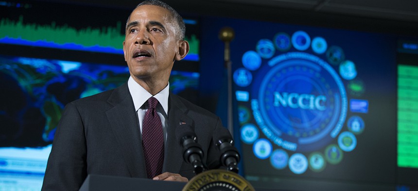 resident Barack Obama speaks at the National Cybersecurity and Communications Integration Center in Arlington, Va.