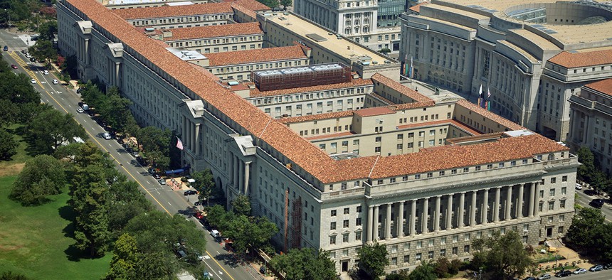 An aerial view of the Commerce Department building in Washington, DC