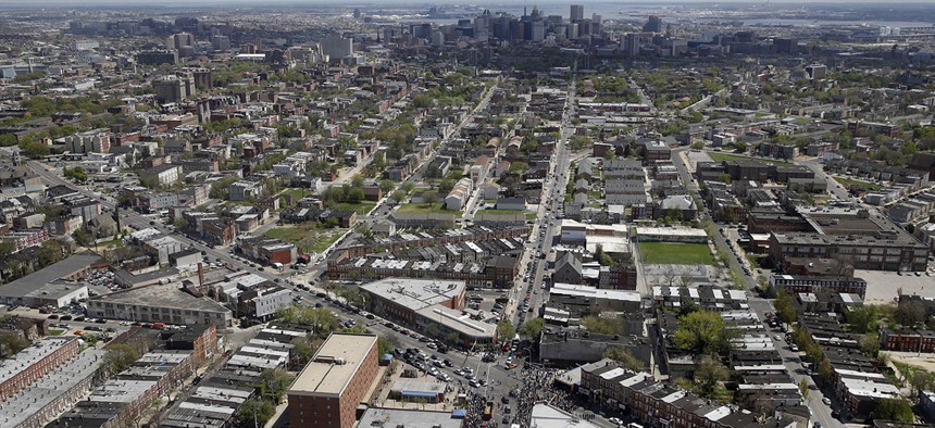 An aerial view of the city of Baltimore