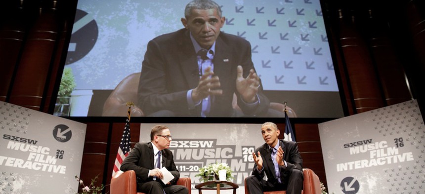 President Barack Obama participates in a discussion and Q&A with Evan Smith, CEO and Editor-in-Chief of the Texas Tribune, during the South by Southwest Interactive Festival at the Long Center for Performing Arts in Austin, Texas, March 11, 2016.