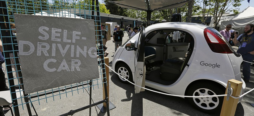 A Google self-driving car is seen on display Wednesday, May 18, 2016, at Google's I/O conference in Mountain View, Calif. 