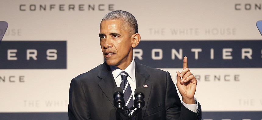 President Barack Obama speaks at the White House Frontiers Conference at Carnegie Mellon University. 