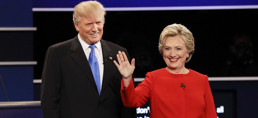 Republican presidential nominee Donald Trump and Democratic presidential nominee Hillary Clinton are introduced during the presidential debate at Hofstra University in Hempstead, N.Y., Monday, Sept. 26, 2016. 