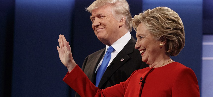Republican presidential candidate Donald Trump, left, stands with Democratic presidential candidate Hillary Clinton before the first presidential debate.