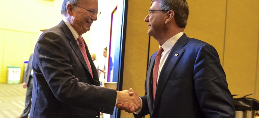 Defense Secretary Ash Carter meets with Eric Schmidt, executive chairman of Google parent company Alphabet and new chairman of the first DoD Innovation Advisory Board.
