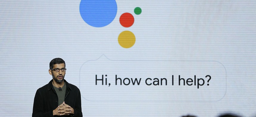 Google CEO Sundar Pichai talks about the new Google Assistant during a product event, in San Francisco. 