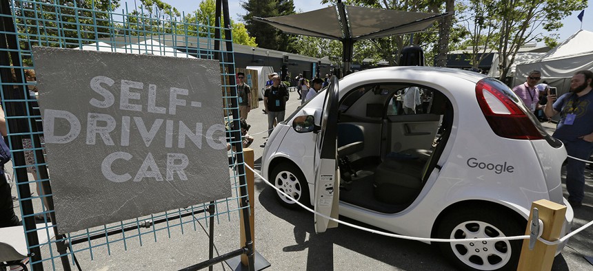 A Google self-driving car is seen on display at Google's I/O conference in Mountain View, Calif. 