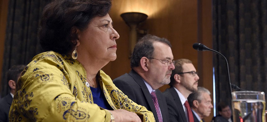 Witnesses including former OPM Director Katherine Archuleta and federal CIO Tony Scott sit before the Senate hearing on federal Cybersecurity and the OPM Data Breach. 