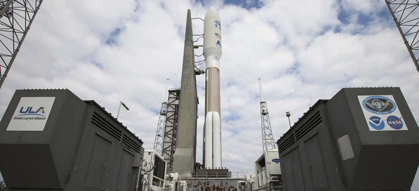A ULA Atlas V rocket arrives at Space Launch Complex 41 at Cape Canaveral Air Force Station in Florida. The launch vehicle will send NOAA's Geostationary Operational Environmental Satellite (GOES-R) into orbit.