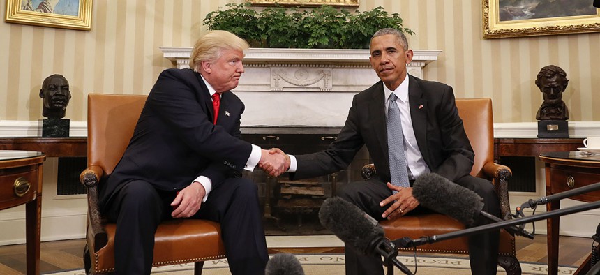 President Barack Obama and President-elect Donald Trump shake hands following their meeting in the Oval Office.