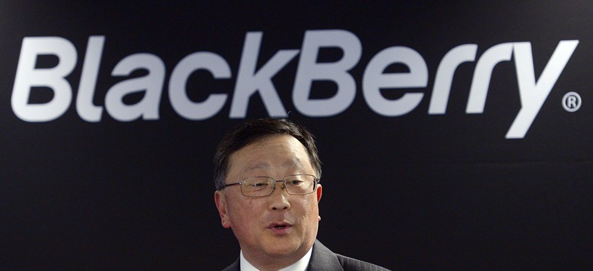 Blackberry's Executive Chairman and CEO John Chen speaks during a presentation at the Mobile World Congress wireless show in Barcelona, Spain.