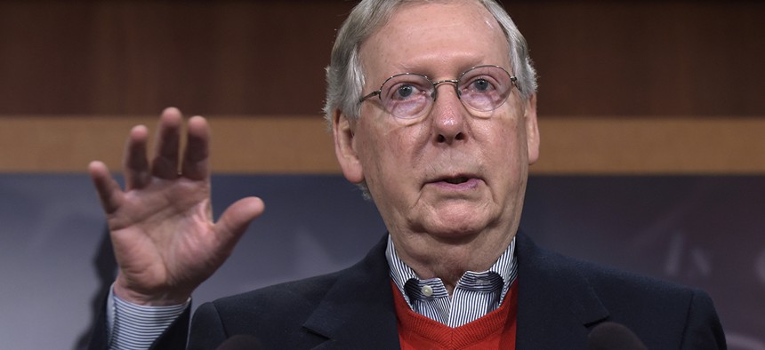 Senate Majority Leader Mitch McConnell of Ky., speaks during a news conference on Capitol Hill in Washington.
