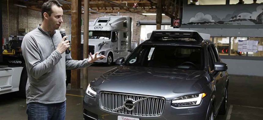 Anthony Levandowski, head of Uber's self-driving program, speaks about their driverless car in San Francisco. 