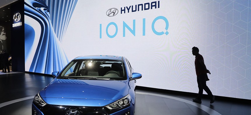 The 2017 Hyundai Ioniq Electric is on display during the Los Angeles Auto Show Wednesday, Nov. 16, 2016, in Los Angeles.