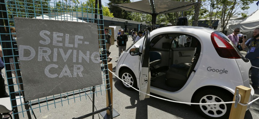 A Google self-driving car is seen on display at Google's I/O conference in Mountain View, Calif.