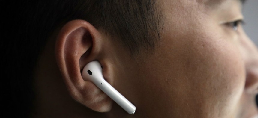 The new Apple AirPods are demonstrated during an event to announce new products on Wednesday, Sept. 7, 2016, in San Francisco.