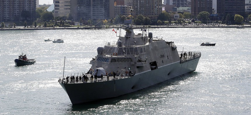 The USS Detroit, one of the United States Navy's newest warships, arrives Friday, Oct. 14, 2016, in Detroit.