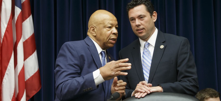 House Oversight and Government Reform Committee Chairman Rep. Jason Chaffetz, R-Utah, right, confers with the committee's ranking member Rep. Elijah Cummings, D-Md. on Capitol Hill in Washington.