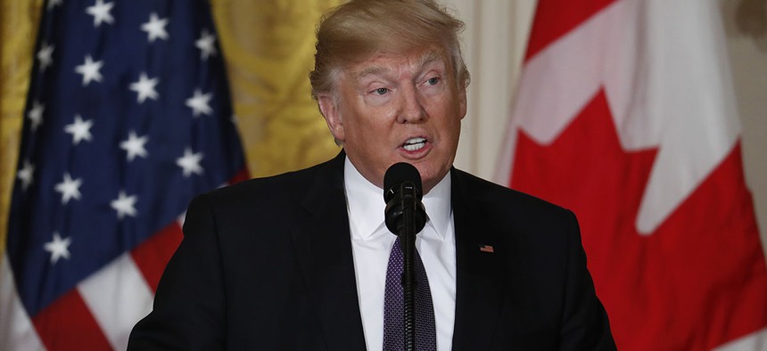 President Donald Trump speaks during a joint news conference with Canadian Prime Minister Justin Trudeau in the East Room of the White House in Washington, Monday, Feb. 13, 2017. 