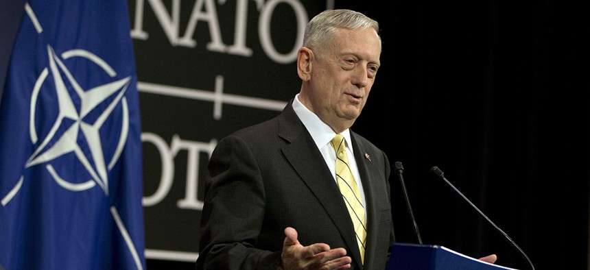 U.S. Secretary of Defense Jim Mattis speaks during a media conference at NATO headquarters in Brussels on Thursday, Feb. 16, 2017. 