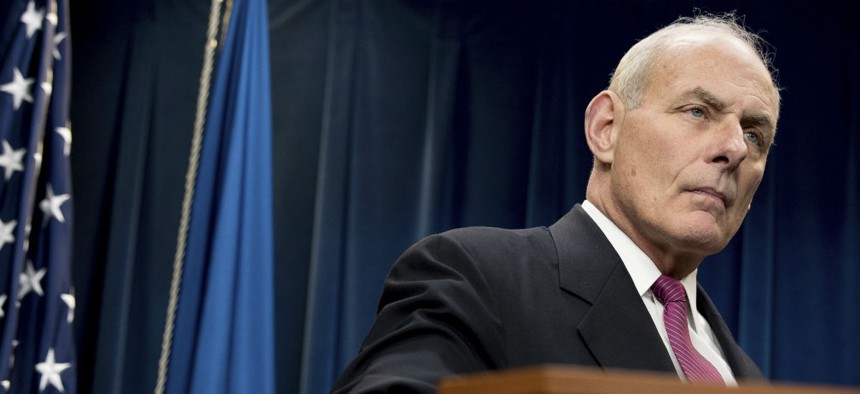 Homeland Security Secretary John Kelly pauses while speaking at a news conference at the U.S. Customs and Border Protection headquarters in Washington, Jan. 31.