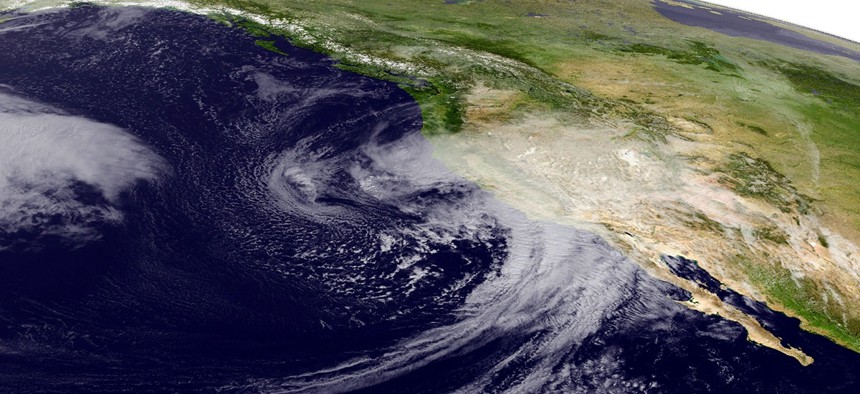 This Feb. 17, 2017 satellite image released by NOAA shows a powerful storm beginning to move into California.