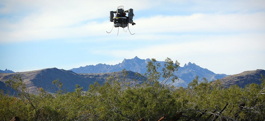A U.S. Geological Survey THawk drone being used during a survey of abandoned solid waste in the Mojave Preserve on Wednesday, April 3, 2013.