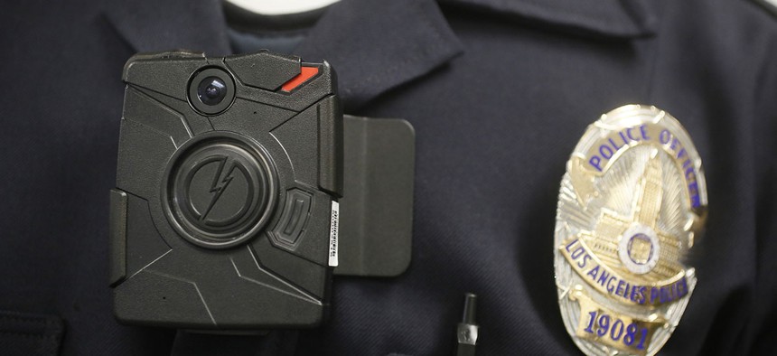 A a Los Angeles Police officer wears an on-body camera during a demonstration.