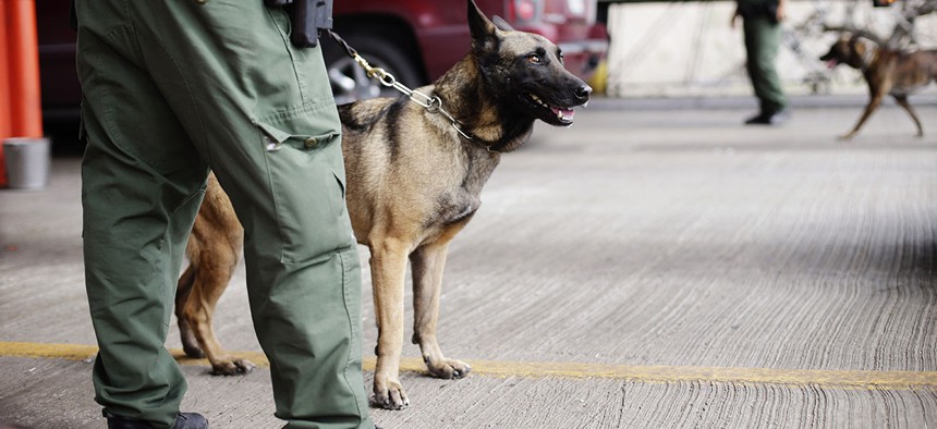 U.S. Customs and Border Patrol agents and K-9 security dogs keep watch at a checkpoint station in Falfurrias, Texas.