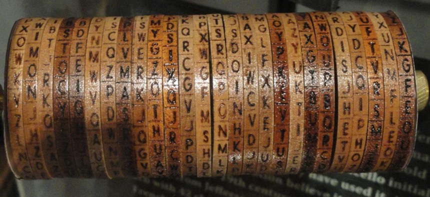  A replica of a Jefferson cylinder cipher at the National Cryptologic Museum