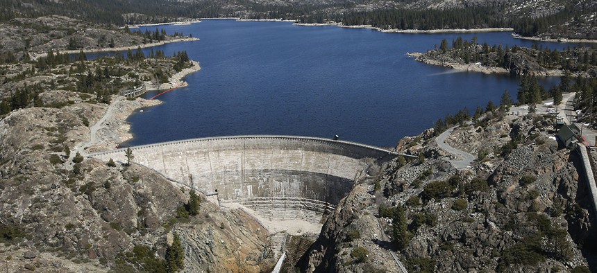 The PG&E hydroelectric dam at Spaulding Lake in Nevada County, Monday, April 3, 2017. 