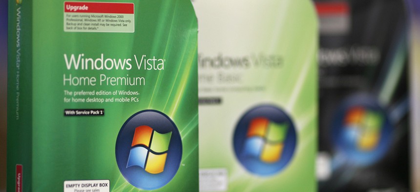 Three versions of Microsoft's Windows Vista operating system are photographed on shelf of a Best Buy store in Seekonk, Mass., Saturday, Aug. 16, 2008.