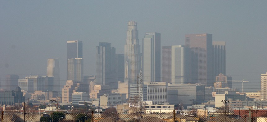 A view of downtown Los Angeles, California covered in smog.