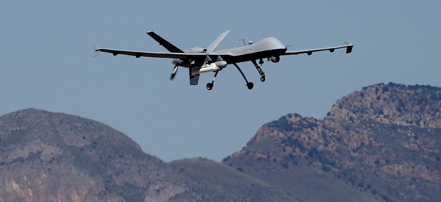 A U.S. Customs and Border Patrol drone aircraft lifts off at Ft. Huachuca in Sierra Vista, Ariz.