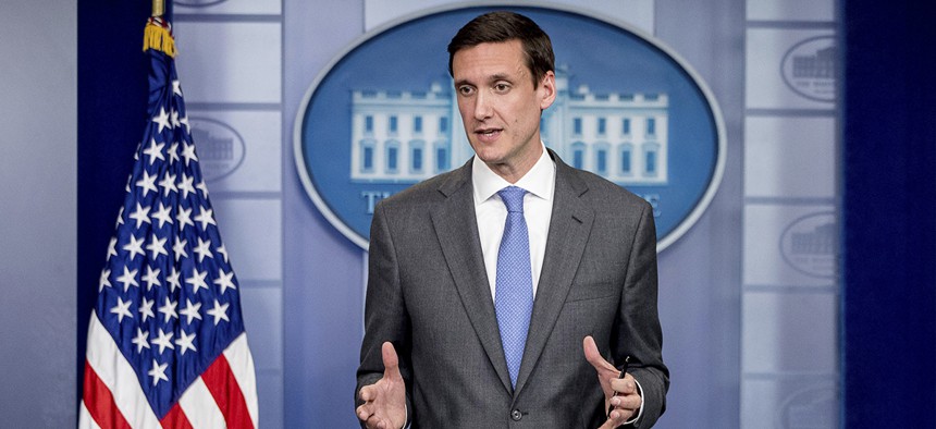 Homeland security adviser Tom Bossert speaks about the mass destruction offensive malware, May 15, 2017, during the daily press briefing at the White House.