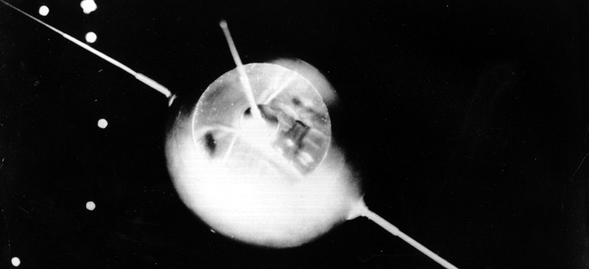 A model of a Soviet Earth satellite, Sputnik 1, on display at the Prague Czechoslovakia exhibition on Oct. 7, 1957. 