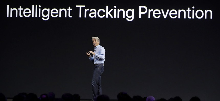 Craig Federighi, Apple's senior vice president of software engineering, speaks during an announcement of new products at the Apple Worldwide Developers Conference in San Jose, Calif., Monday, June 5, 2017.