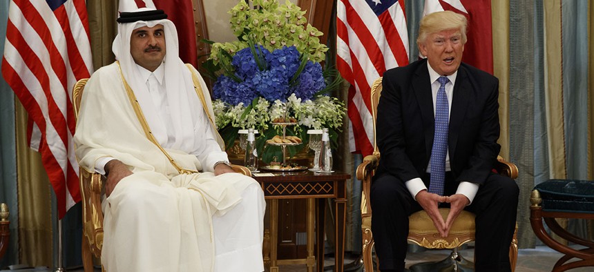 U.S. President Donald Trump, right, holds a bilateral meeting with Qatar's Emir Sheikh Tamim Bin Hamad Al-Thani, in Riyadh, Saudi Arabia.